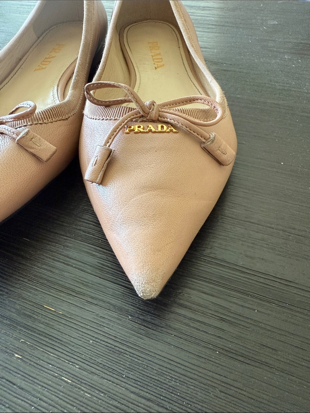 Prada Nude Pink Pointed-Toe Leather Ballet Flats with Bow Accent - Picture 3 of 11